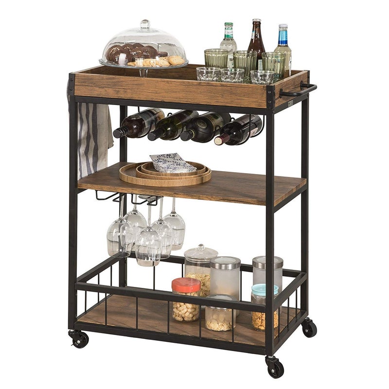 Generic Indian Decor 8800 MDF Wood Metal Vintage Style 3 Tiers Kitchen Serving Trolley with Wine Rack Black  - Image 2