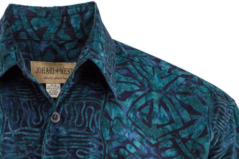 Johari West Men's Button-Down Short Sleeve Shirt, Geometric Forest (Sapphire, 2X-Large) - Image 2