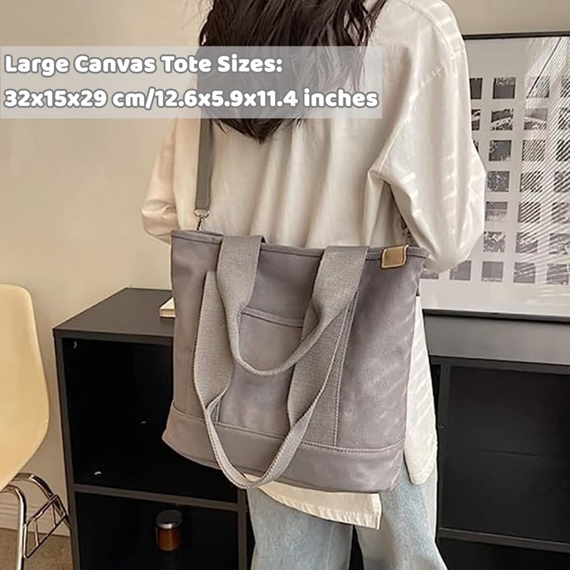 MINGRI Tote Bag for Women,Large Canvas Tote Bag with Pockets,Canvas Crossbody Bag Shoulder Bag with Zipper,Japanese Tote Bag Women Large Capacity Satchel Bag with Shoulder Strap - Image 4