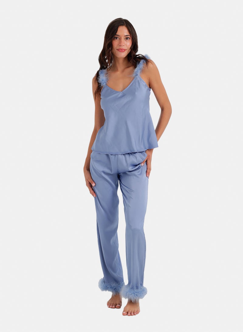 Carina Feather-Trim Satin Pyjama - Image 1