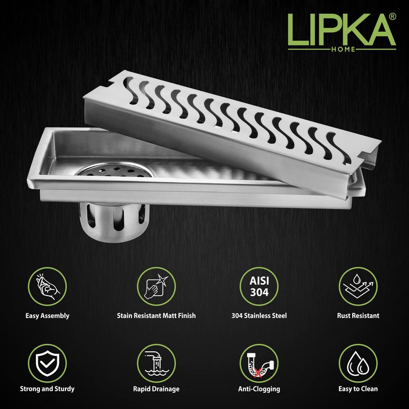 Lipka قناة تصريف دش LIPKA Wave | 12 × 5 بوصة | قناة تصريف مياه دش من الفولاذ المقاوم للصدأ 304 | تصريف أرضي مع فخ للصراصير، ثقب جانبي مع طوق - Image 3