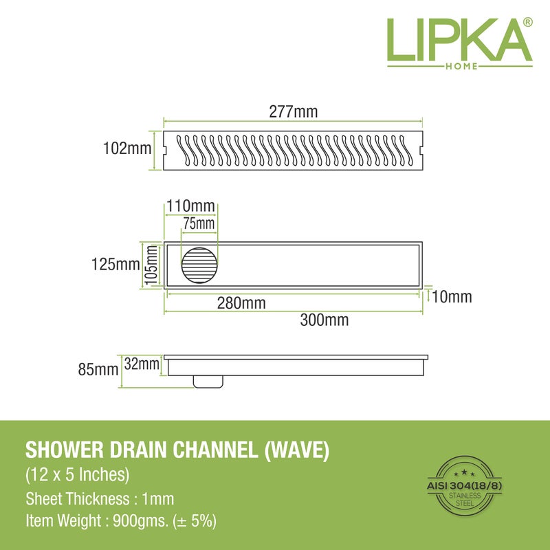 Lipka قناة تصريف دش LIPKA Wave | 12 × 5 بوصة | قناة تصريف مياه دش من الفولاذ المقاوم للصدأ 304 | تصريف أرضي مع فخ للصراصير، ثقب جانبي مع طوق - Image 2