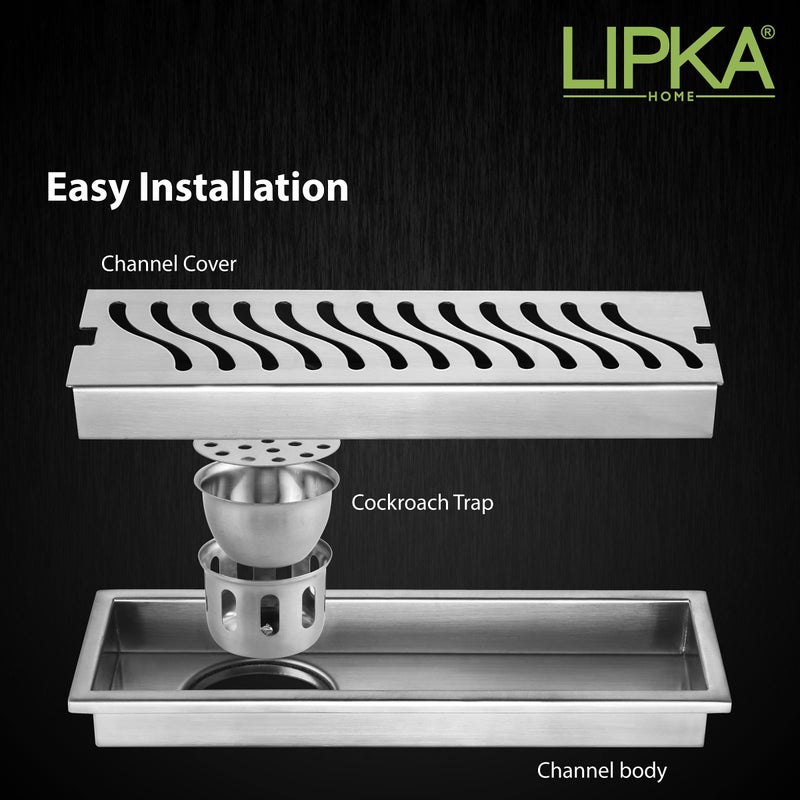 Lipka قناة تصريف دش LIPKA Wave | 12 × 5 بوصة | قناة تصريف مياه دش من الفولاذ المقاوم للصدأ 304 | تصريف أرضي مع فخ للصراصير، ثقب جانبي مع طوق - Image 4