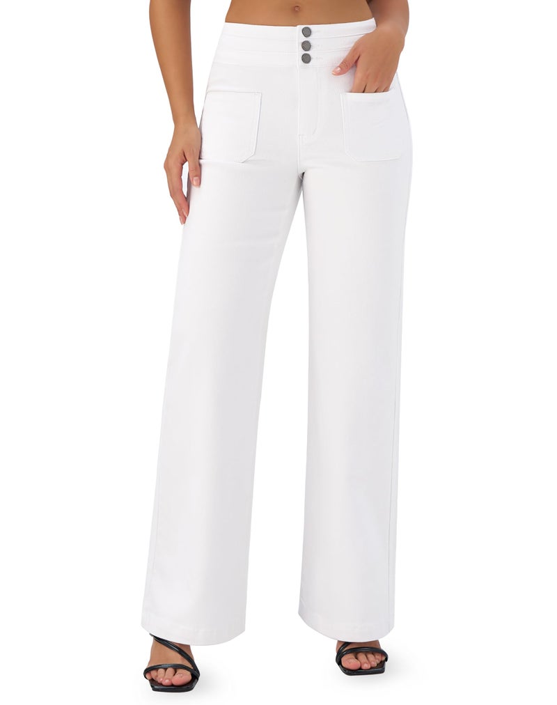 roswear Wide Leg Jeans Woman High Waist Stretchy Loose Denim Pants White Medium