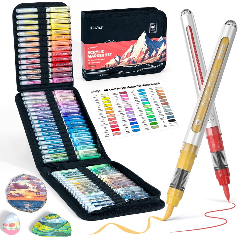 JusArt 48 Colors Acrylic Paint Markers with Canvas Bag WaterBased NoBleed Paint Pens with Automatic Ink Control Waterproof Brush Tip Markers for DIY Art Crafts Fabric Rock Wood Glass Metal - Image 2