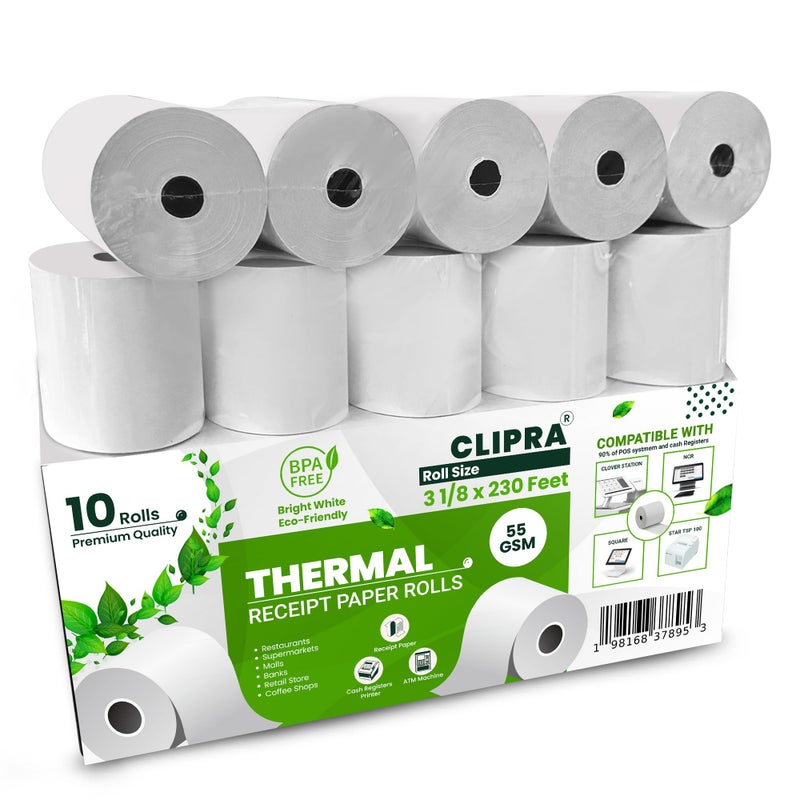 CLIPRA 3 1/8 x 230 Thermal Paper Receipt Rolls (10 PACK) [USA Based Brand] 55 GSM - Compatible with All POS Systems, Cash Registers - BPA Free, Premium Quality Receipt Paper Rolls - Image 1