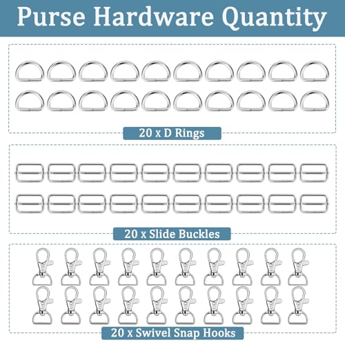 Hysagtek 60 Pcs Purse Hardware for Bag Making - Swivel Snap Hooks, D Ring, Slide Buckle, Bag Hardware Supplies for Handbag Fasteners, Strap, Backpack DIY Craft Accessories, 1 Inch, Silver - Image 2