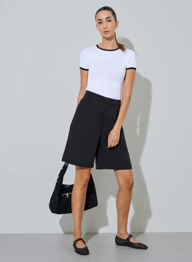 ستايلي Basic Heavy Weight Fitted Round Contrast Tipping Neck Rib T-Shirt