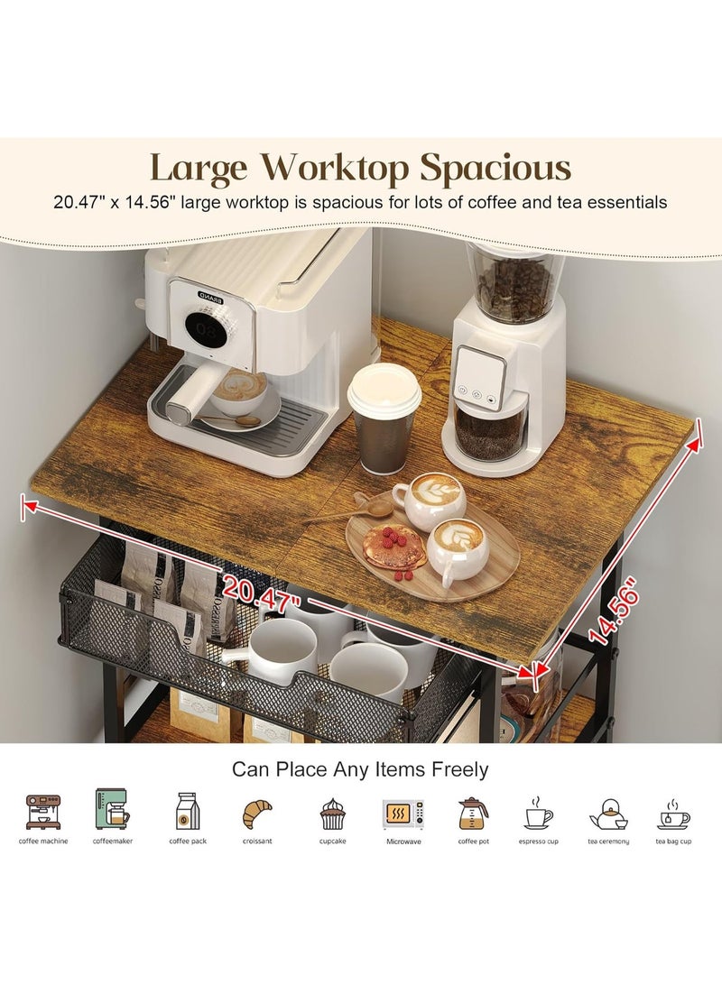 Uptyia 3 Tier Slim Rolling Coffee Cart with 2-Door & Pull-Out Wire Basket Drawer, Coffee Bar Cabinet on Lockable Casters, Microwave Cart with Storage for Home, Kitchen, Dining Room (Rustic Brown) - Image 2