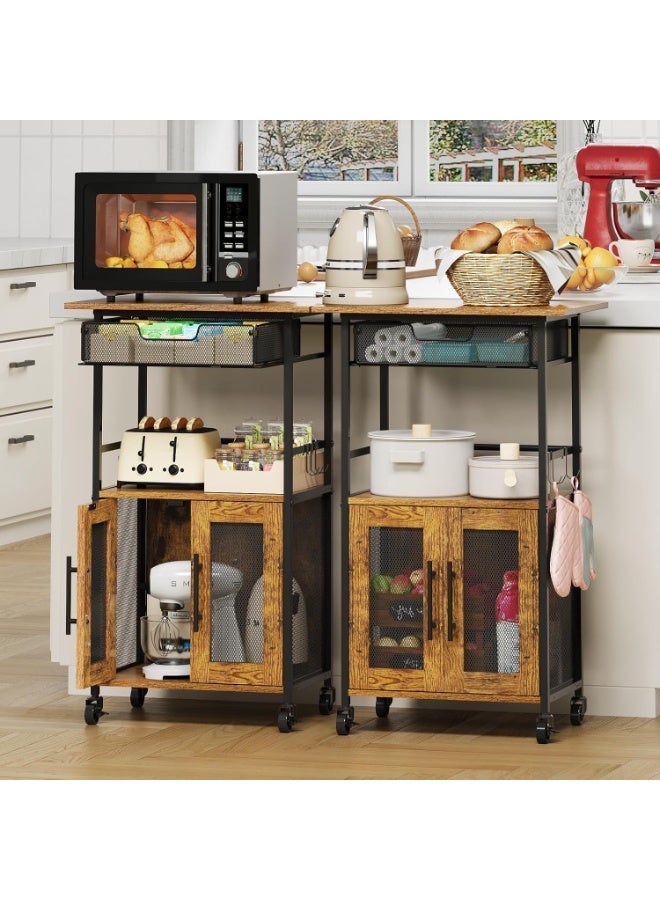 Uptyia 3 Tier Slim Rolling Coffee Cart with 2-Door & Pull-Out Wire Basket Drawer, Coffee Bar Cabinet on Lockable Casters, Microwave Cart with Storage for Home, Kitchen, Dining Room (Rustic Brown) - Image 4