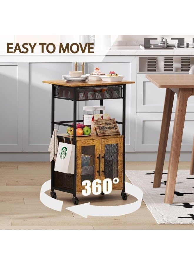 Uptyia 3 Tier Slim Rolling Coffee Cart with 2-Door & Pull-Out Wire Basket Drawer, Coffee Bar Cabinet on Lockable Casters, Microwave Cart with Storage for Home, Kitchen, Dining Room (Rustic Brown) - Image 5