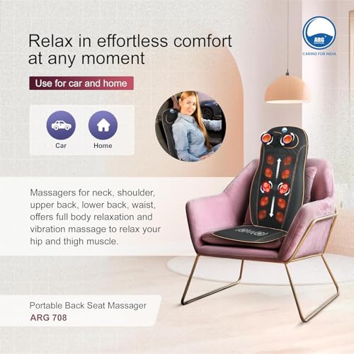 AROGYA Portable Massager with Heat, 4 Roller, Full Back Shiatsu Massage Cushion, Neck & Lumbar Support, Vibration Therapy, Electric Back Massager for Car & Home Use - Image 5