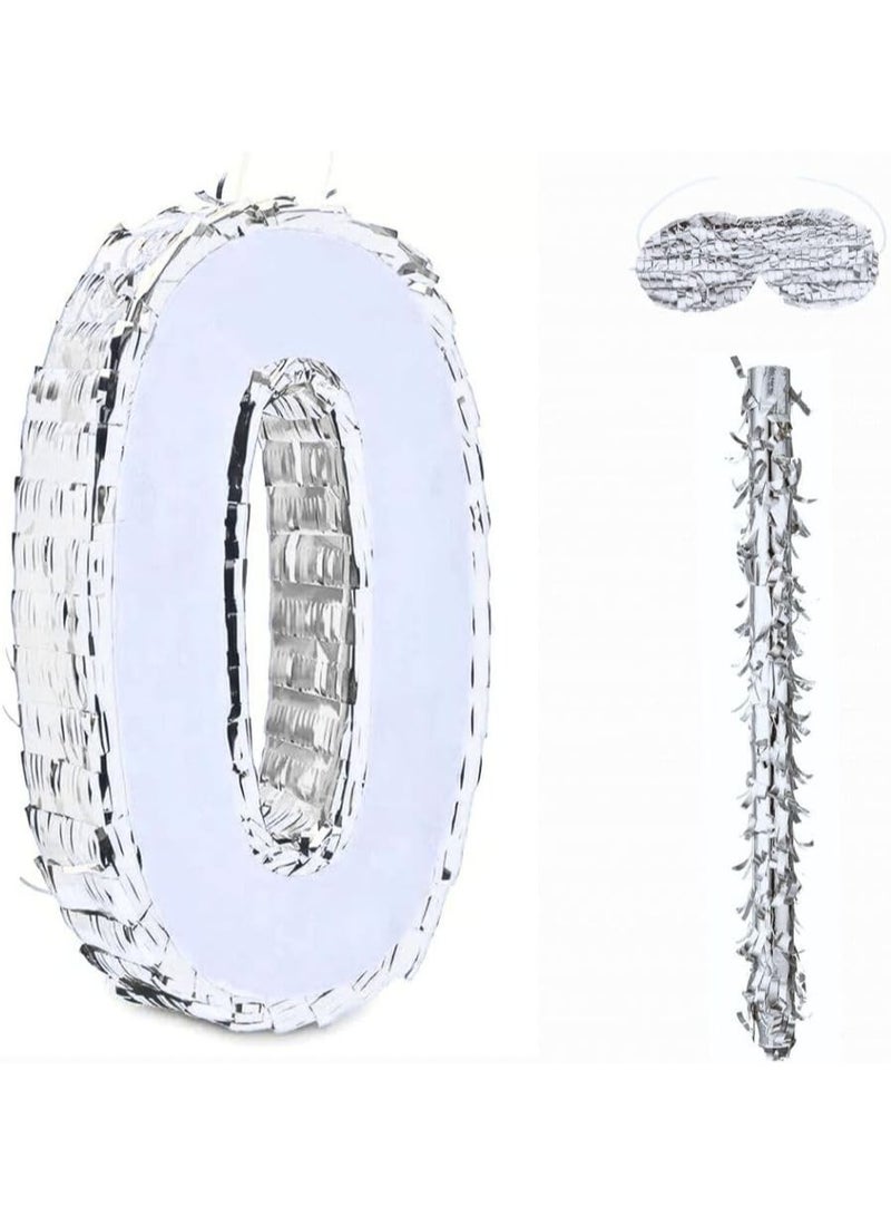 جولد إيدج زينة بينياتا عيد الميلاد بأرقام 42×30×8 سم، بينياتا من رقائق فضية مع عصا معصوبة العينين، قصاصات ورقية لحفلات أعياد الميلاد للأولاد والبنات، واحتفالات الذكرى السنوية، ولوازم الحفلات (الرقم 0) - Image 1