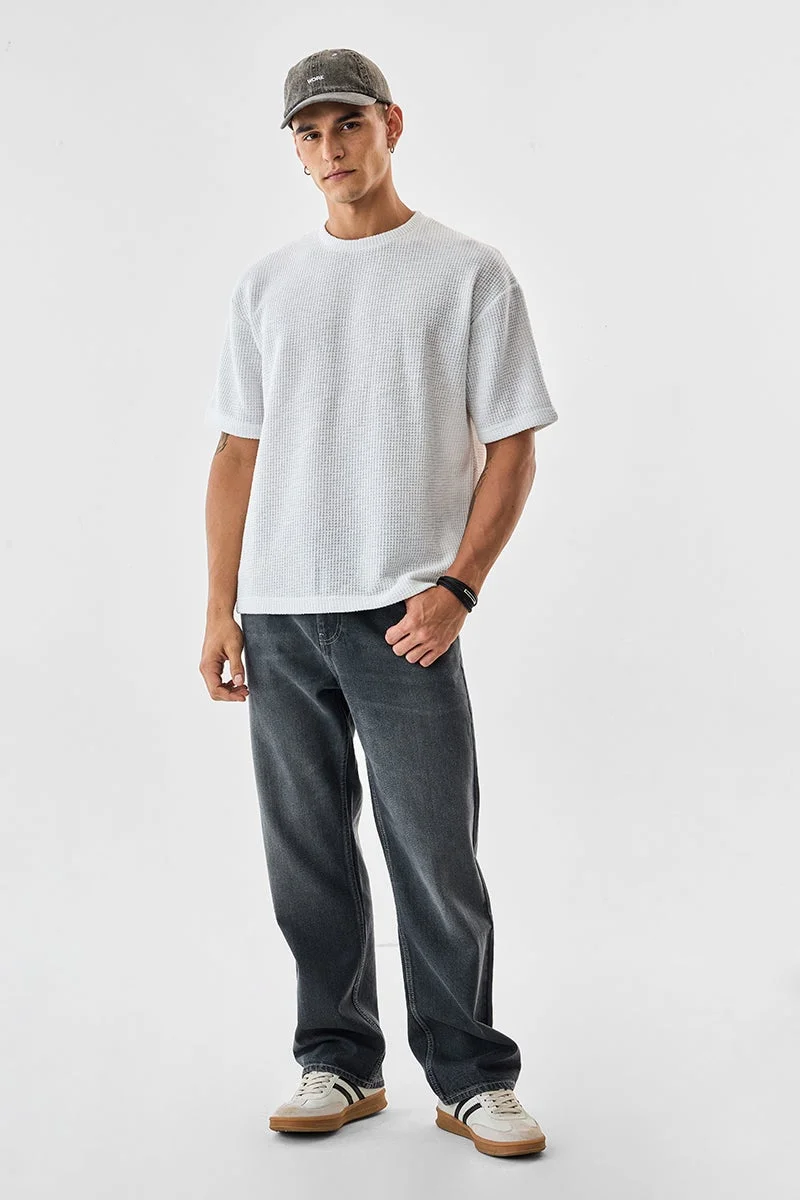 سنيتش White Textured Half Sleeve Oversized T-Shirt