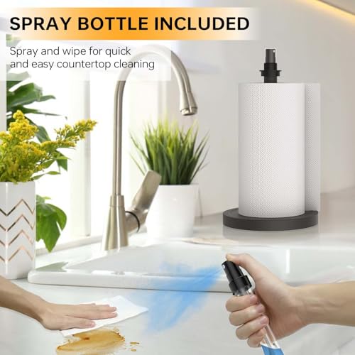Manduoye 2 in 1 Paper Towel Holder with Spray Bottle, Paper Towel Holder One-Handed Operation with Non Slip Weighted Base, Paper Towel Holder Countertop for Kitchen and Bathroom (Black) - Image 2