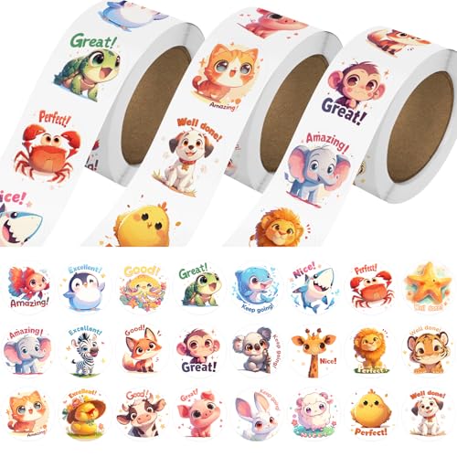 JIXZEN 3 Rolls Animal Stickers for Kids 1500 PCS Kids Stickers Bulk for Toddlers 24 24 Designs FarmOceanWild Cute Sticker with Motivational Words for Kid Reward School Supplies 10 Inch - Image 1
