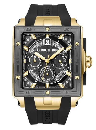 شيروتي 1881 Men's Cerruti 1881 Odissea Chronograph Watch for Men - Square Case, Black Smoke Dial with Gold-Plated Accents, Black Silicone Strap