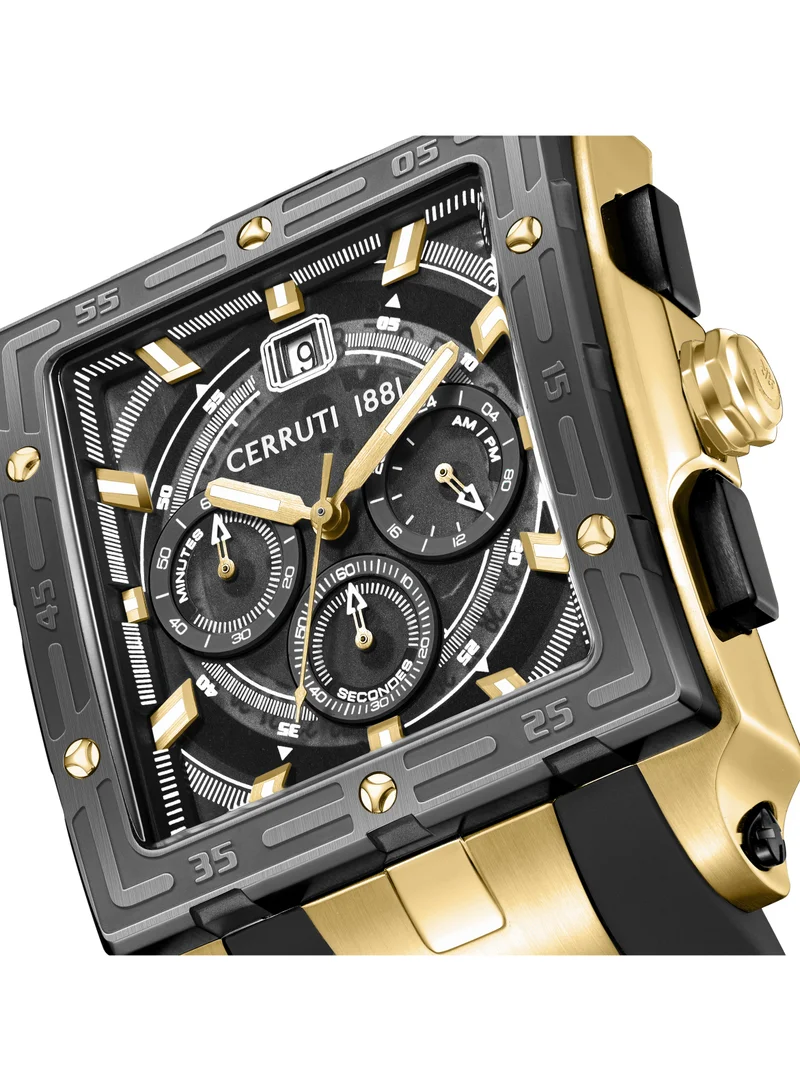 CERRUTI 1881 Men's Cerruti 1881 Odissea Chronograph Watch for Men - Square Case, Black Smoke Dial with Gold-Plated Accents, Black Silicone Strap