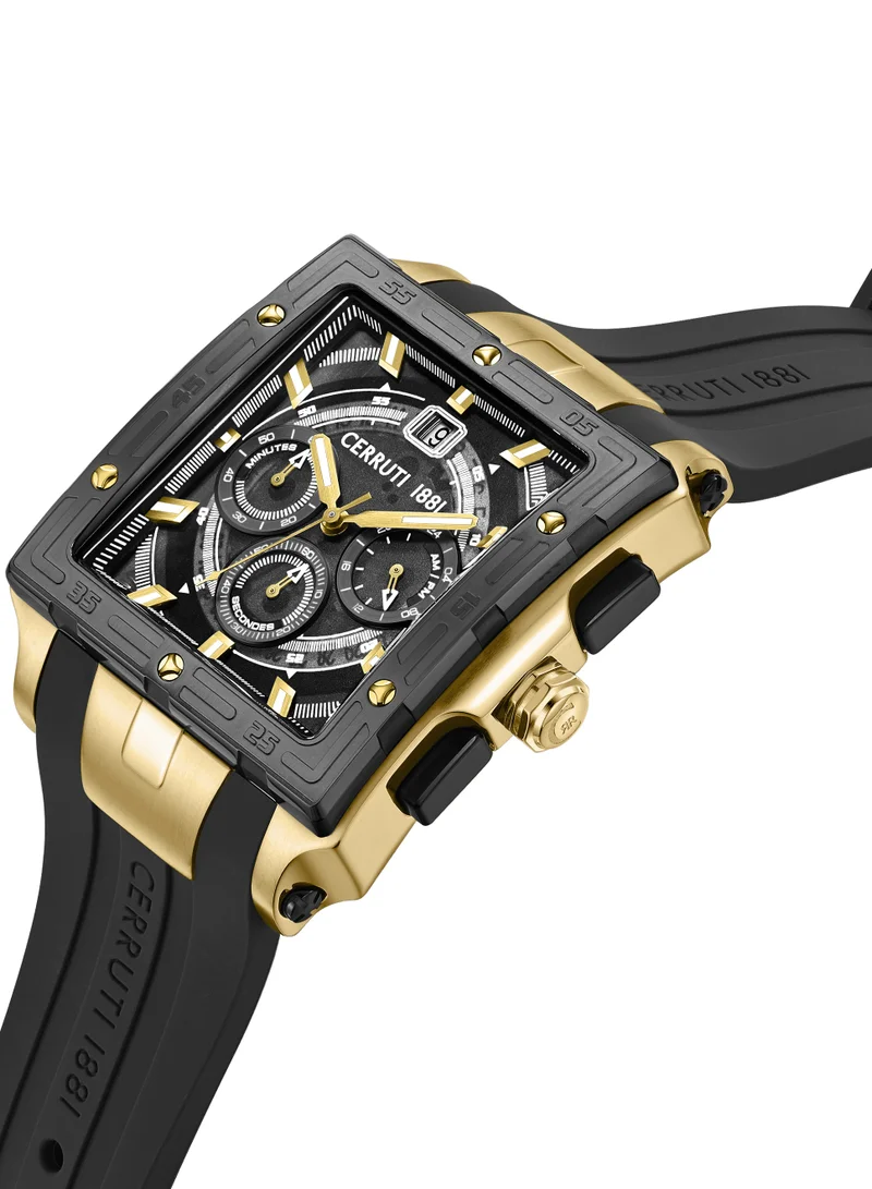 CERRUTI 1881 Men's Cerruti 1881 Odissea Chronograph Watch for Men - Square Case, Black Smoke Dial with Gold-Plated Accents, Black Silicone Strap