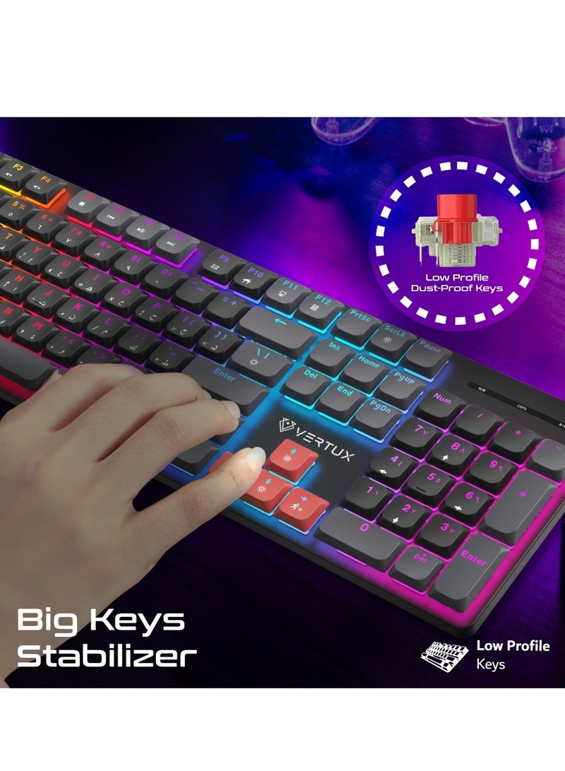فيرتوكس لوحة مفاتيح ميكانيكية كاملة الحجم للاعبين من Vertux مع 17 وضع LED قوس قزح، مفاتيح مضادة للغبار منخفضة الارتفاع، مفاتيح وسائط متعددة، 26 مفتاح مضاد للغش، ومفاتيح كبيرة مستقرة لعمر طويل وأداء ممتاز – StealthKey - Image 2