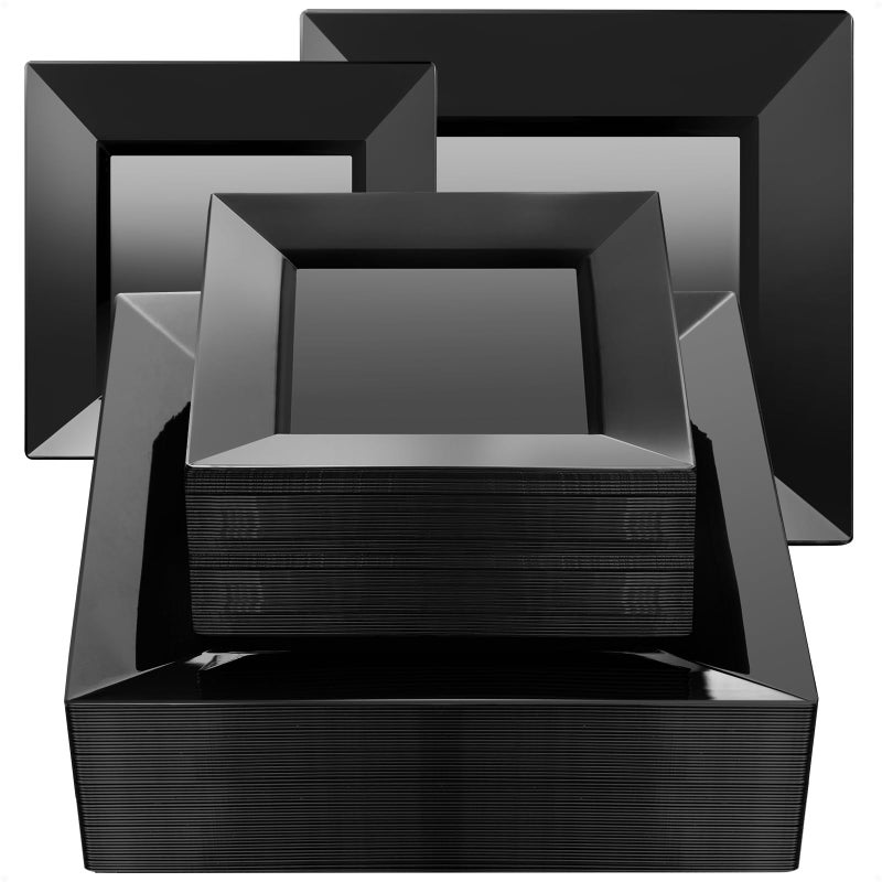 Goodluck 100 Black Pack Disposable Square Plastic Plates Heavy Duty 50 Dinner Plates 95 and 50 Dessert Plates 65 Fancy Disposable Plates for Wedding Holiday Party Birthday Halloween