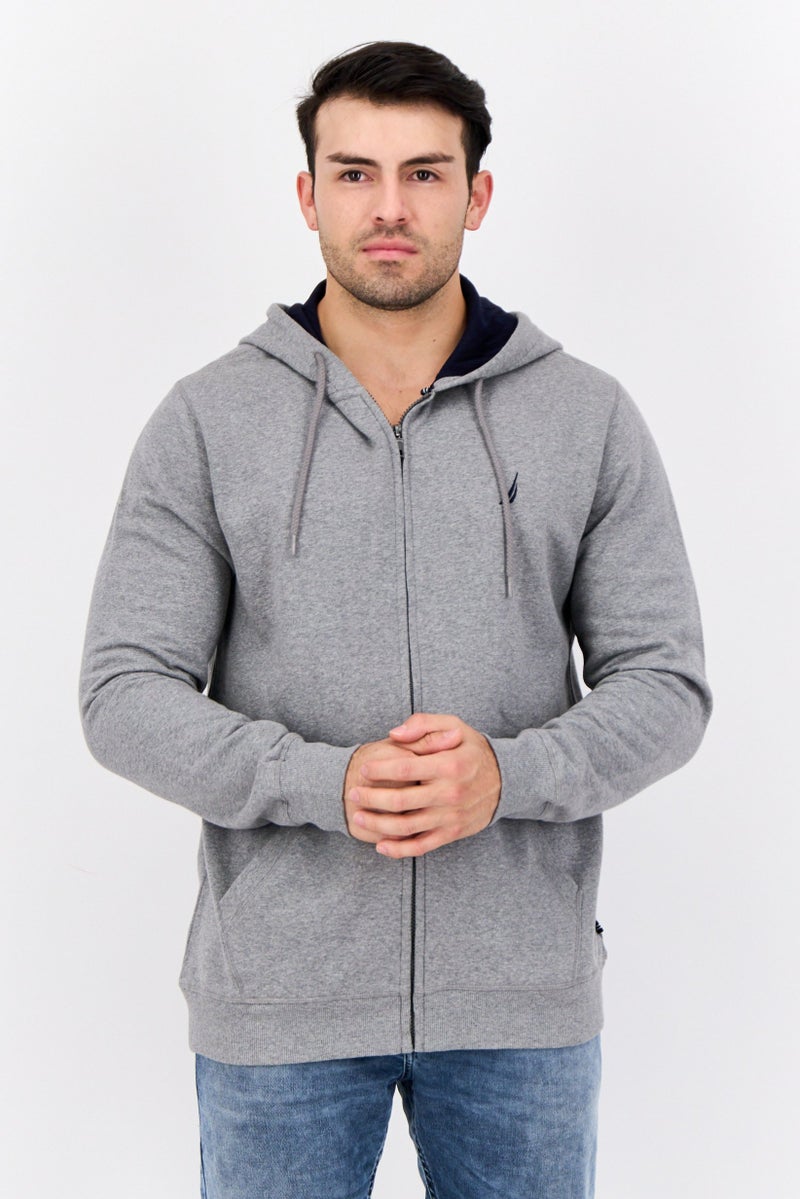 NAUTICA Men Long Sleeve Embroidered Logo Hooded Sweatshirt, Grey - Image 1