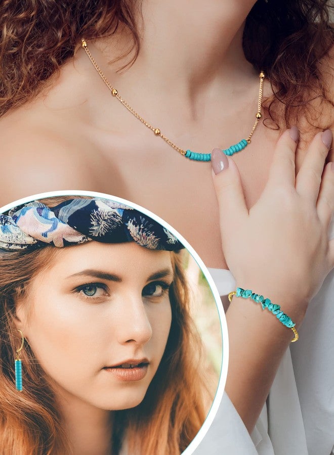 Inbagi 3 Pieces Western Jewelry for Women Bohemian Turquoise Set, Bohemian Turquoise Pendant Long Choker, Vintage Turquoise Dangle Earrings, Turquoise Faux Leather Layered Bracelets (Graceful Style) - Image 5