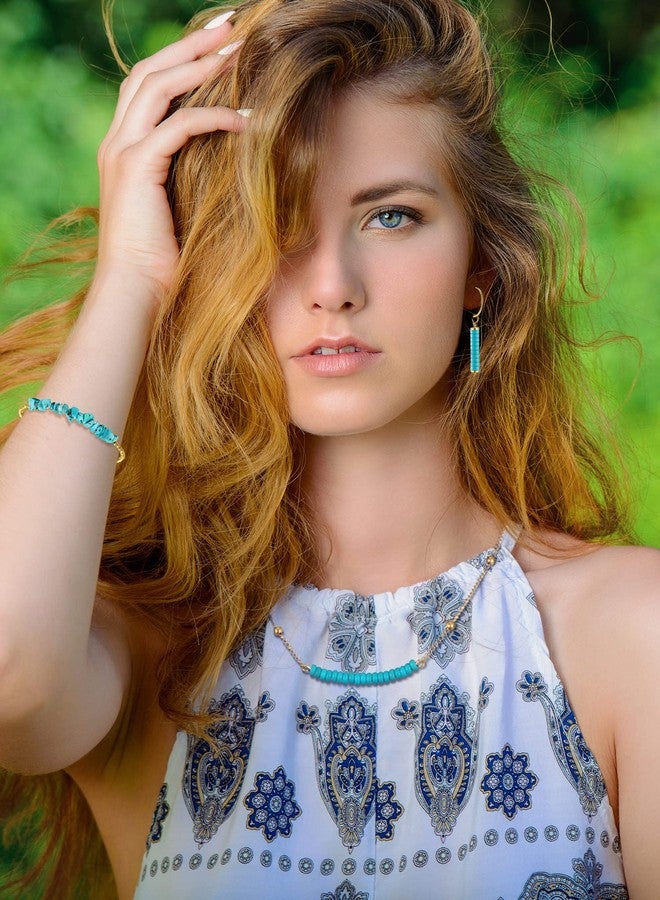 Inbagi 3 Pieces Western Jewelry for Women Bohemian Turquoise Set, Bohemian Turquoise Pendant Long Choker, Vintage Turquoise Dangle Earrings, Turquoise Faux Leather Layered Bracelets (Graceful Style) - Image 2
