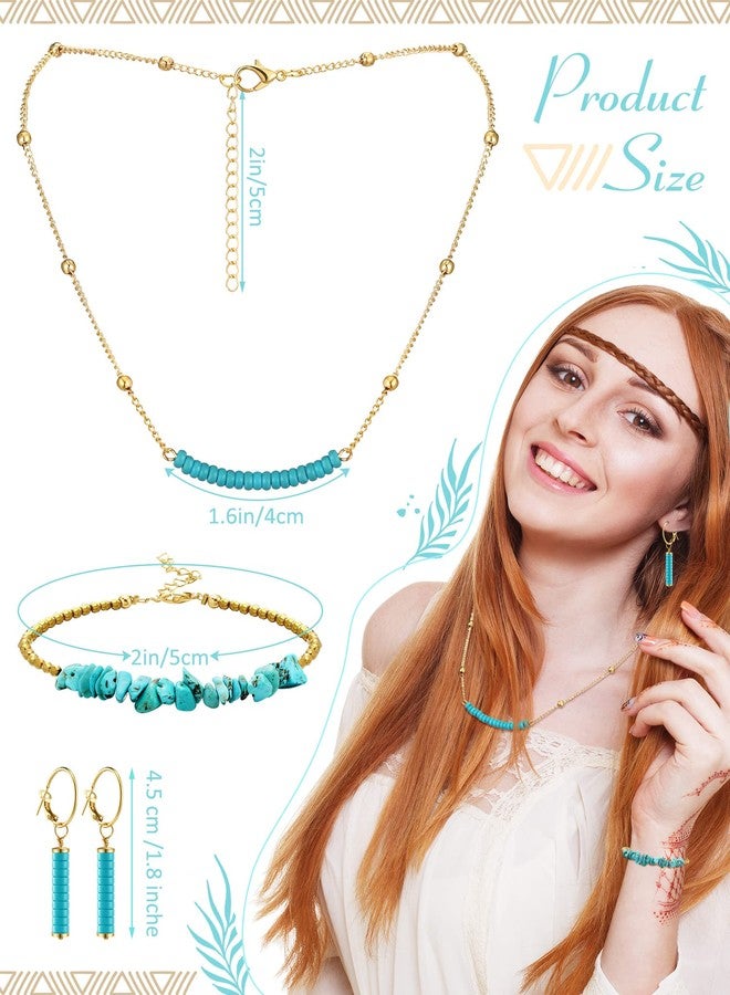 Inbagi 3 Pieces Western Jewelry for Women Bohemian Turquoise Set, Bohemian Turquoise Pendant Long Choker, Vintage Turquoise Dangle Earrings, Turquoise Faux Leather Layered Bracelets (Graceful Style) - Image 3