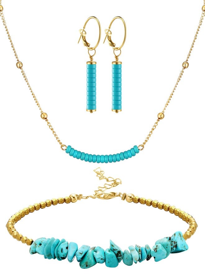 Inbagi 3 Pieces Western Jewelry for Women Bohemian Turquoise Set, Bohemian Turquoise Pendant Long Choker, Vintage Turquoise Dangle Earrings, Turquoise Faux Leather Layered Bracelets (Graceful Style) - Image 1