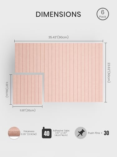 Bumusty Large Cork Board Alternative-36 x 24" Felt Bulletin Board Tiles, with 30 Pushpins, 40 Adhesive Tabs, 6-Pack Slat Wall Paneling, Cork Boards for Office Push Pin Board Felt Board-Pink - Image 2