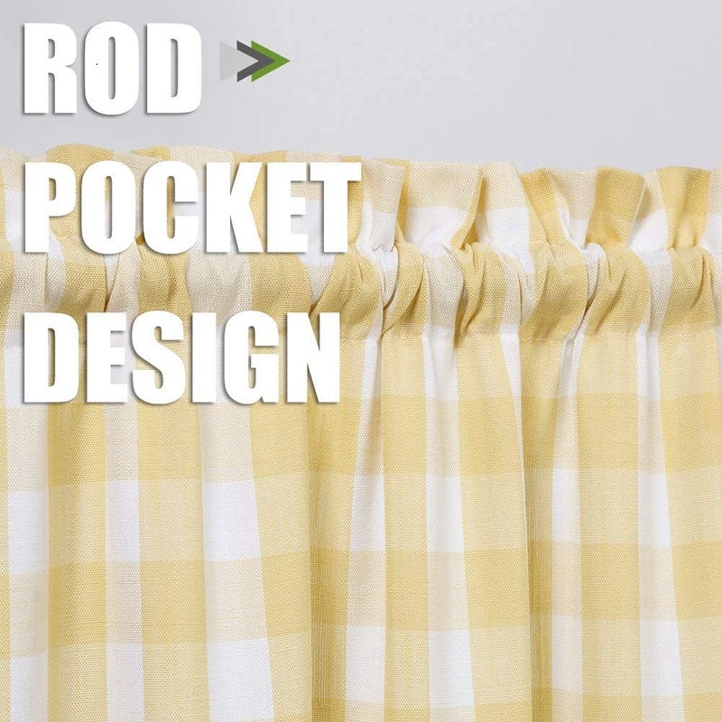 Bapawfish Yellow Buffalo Plaid Cafe Curtains Farmhouse Tiers Kitchen Curtain 24 Inches Long, Gingham Check Rod Pocket Half Window Short Drapes for Kitchens Bathroom, 28" x 24", Yellow/White, Set of 2 - Image 2