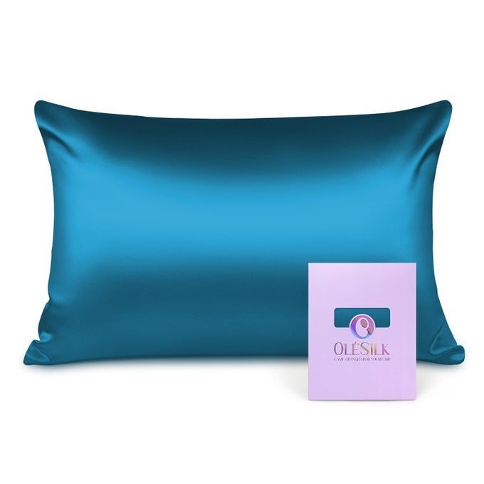 100 SILK PILLOWCASE FOR HAIR AND SKIN BOTH SIDES 16 MOMME REAL NATURAL MULBERRY SILK WITH HIDDEN ZIPPER AND GIFT BOX 1PC PEACOCK BLUE 50X75CM