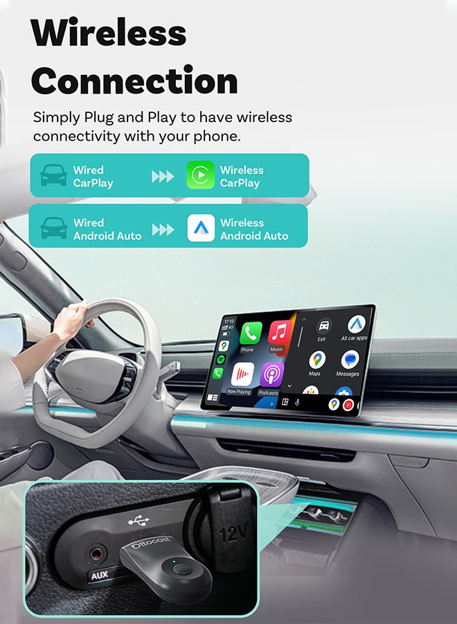 Ottocast 2 in 1 Mini Wireless Carplay, Android Auto USB Adapter, Bluetooth Car Accessories, 2 in 1 Conversion, Wired to Wireless Apple Car Play, Plug and Play, Low Latency - Image 2