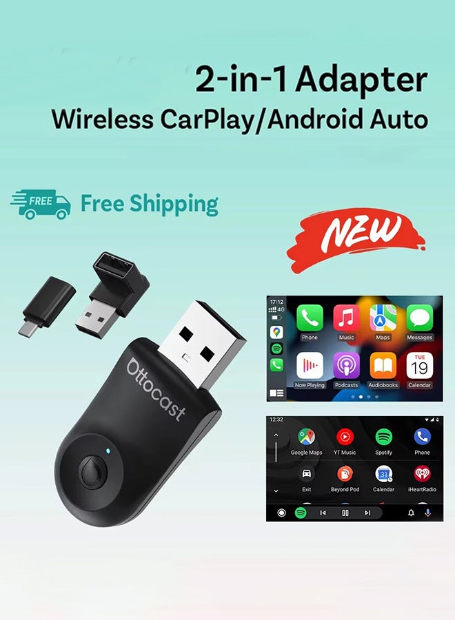 Ottocast 2 in 1 Mini Wireless Carplay, Android Auto USB Adapter, Bluetooth Car Accessories, 2 in 1 Conversion, Wired to Wireless Apple Car Play, Plug and Play, Low Latency - Image 1