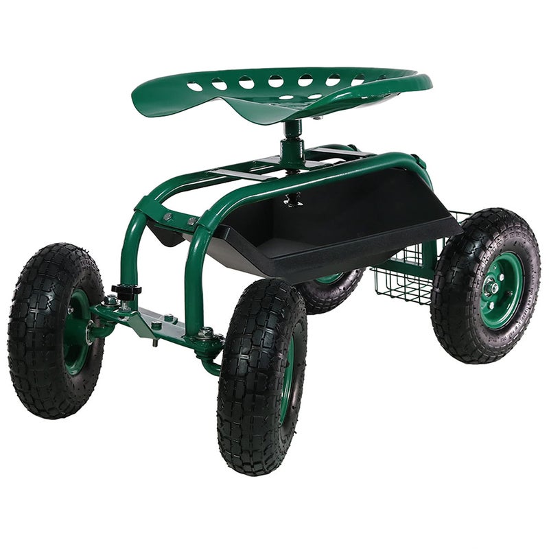 Sunnydaze Sunnydaze Rolling Gardening Cart with Adjustable 360Degree Swivel Seat  Utility Tool Tray and Storage Basket  Green 