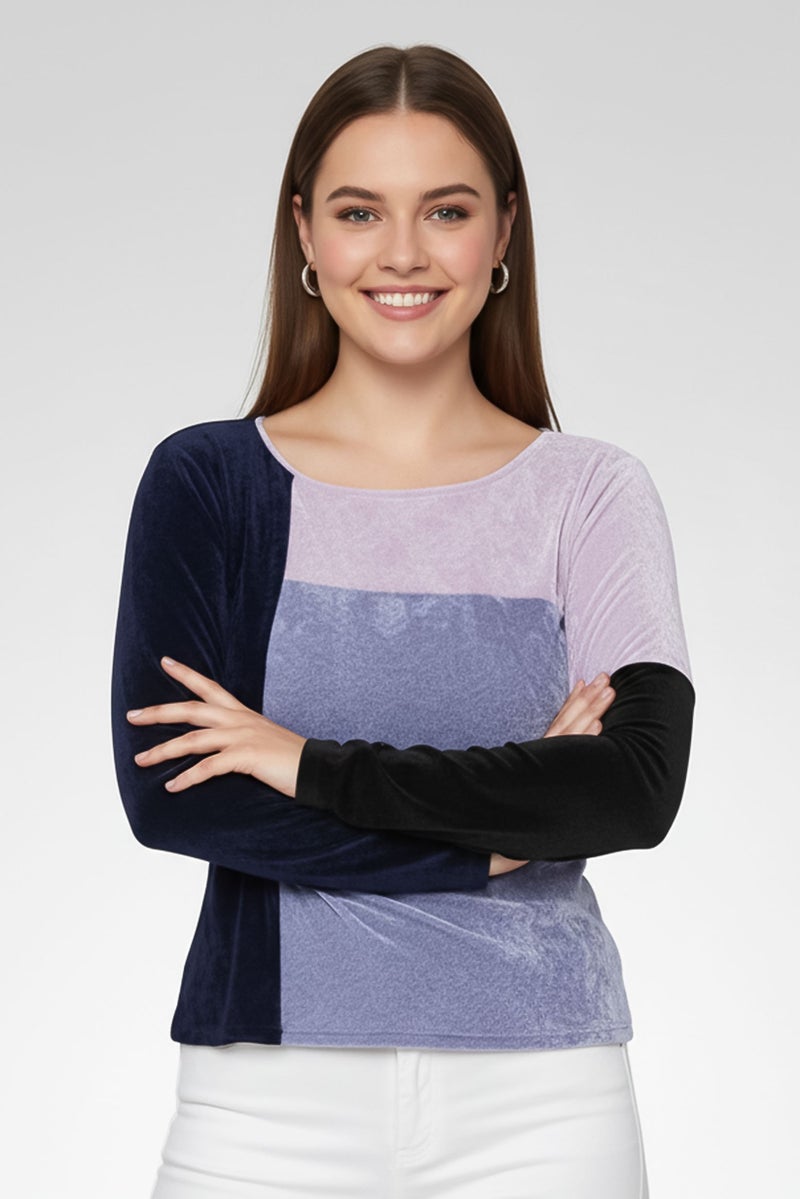 armani Emporio Armani Women Round Neck Color Block Long Sleeves Top, Multicolor - Image 1
