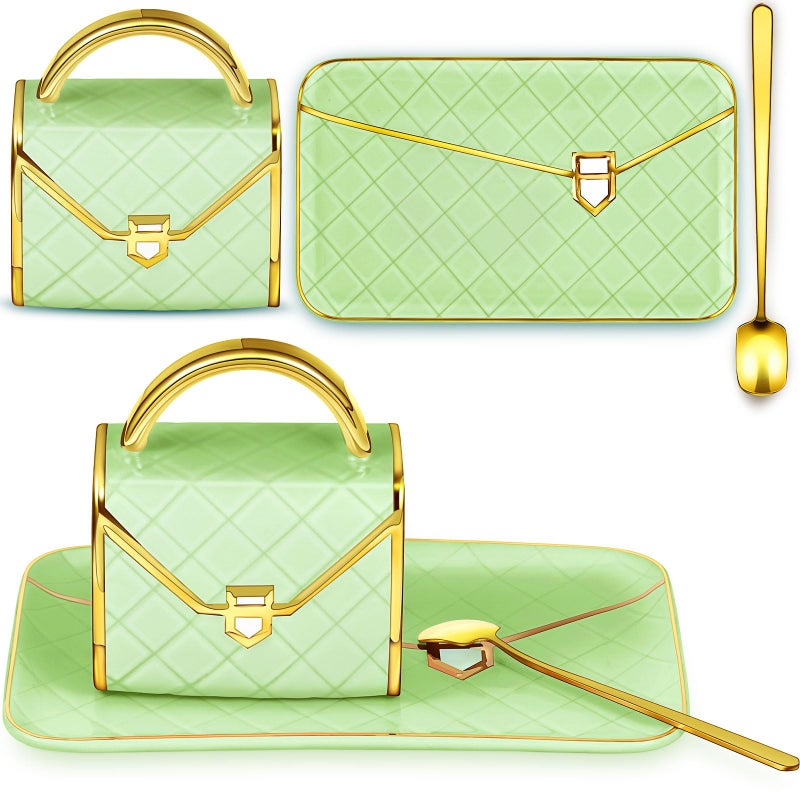 Zubebe 1 Set Coffee Mug Elegant Handbag Shaped Cup Modern Ceramic Purse Mug with Spoon and Saucer 10oz Cute Creative Tea Cup for Woman Girls Gift Light Green - Image 2