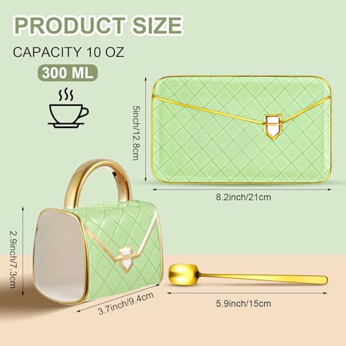 Zubebe 1 Set Coffee Mug Elegant Handbag Shaped Cup Modern Ceramic Purse Mug with Spoon and Saucer 10oz Cute Creative Tea Cup for Woman Girls Gift Light Green - Image 3
