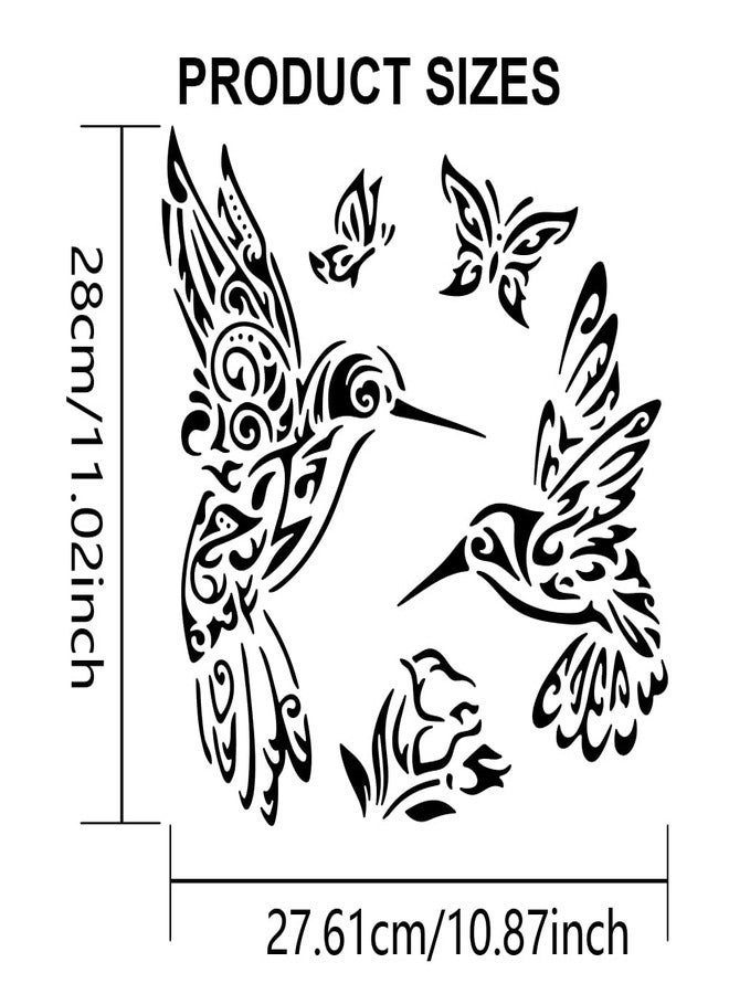 MAYJOYDIY Hummingbird Pattern Stencil 11.8×11.8inch Large Decorative Hummingbird Flowers Drawing Stencils with Painting Brush Floral Hummingbird Butterfly Painting Stencils for Wood Canvas Fabric - Image 2