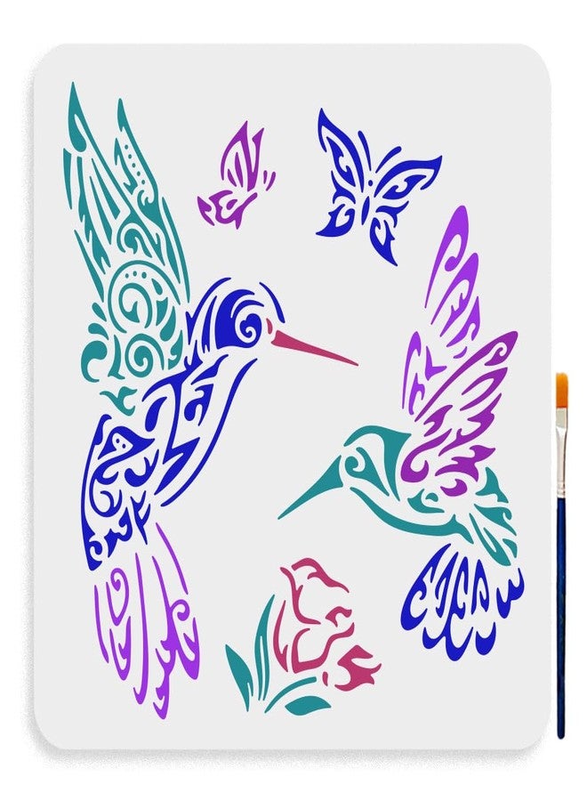 MAYJOYDIY Hummingbird Pattern Stencil 11.8×11.8inch Large Decorative Hummingbird Flowers Drawing Stencils with Painting Brush Floral Hummingbird Butterfly Painting Stencils for Wood Canvas Fabric - Image 1