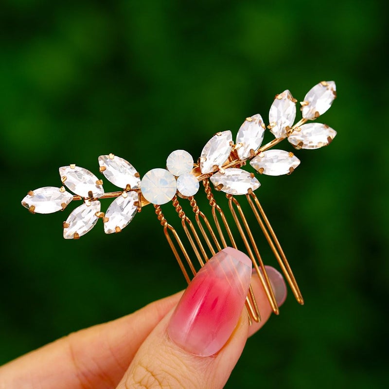 Foyte Bride Wedding Hair Comb Crystal Small Hair Piece Rhinestone Bridal Hair Side Comb Opal Gold Hair Accessories for Women and Brides