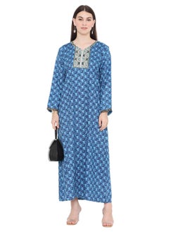 HANA & SARA UNIQUE FLOWER PRINT WITH THREAD EMBROIDERY ARABIC KAFTAN JALABIYA DRESSES  - Image 1