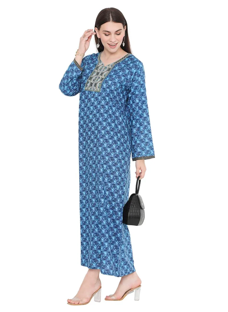HANA & SARA UNIQUE FLOWER PRINT WITH THREAD EMBROIDERY ARABIC KAFTAN JALABIYA DRESSES