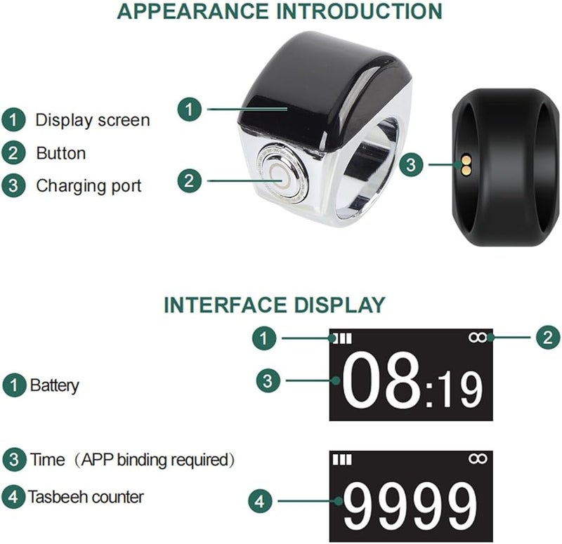 يوسو عداد رقمي خاتم 22 ملم تسبيح ذكي سبيكة زنك مقاوم للماء IP67 مع علبة شحن - Image 4