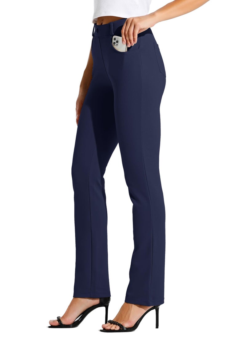 Willit 31" Women's Yoga Dress Pants Straight Leg Work Slacks Stretchy Office Casual Pants 4 Pockets Belt Loops Navy Blue M - Image 1