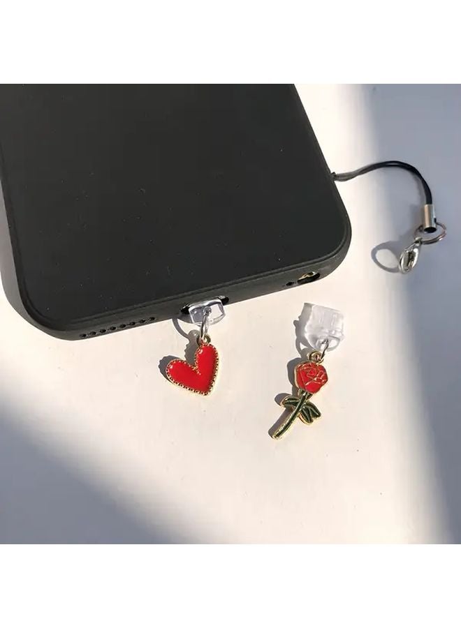 قطعتان سدادة غبار للهاتف على شكل وردة قلب حمراء، لتزيين منفذ شحن آيفون 6 إلى 14 - Image 1