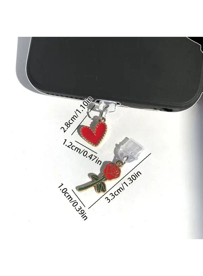 قطعتان سدادة غبار للهاتف على شكل وردة قلب حمراء، لتزيين منفذ شحن آيفون 6 إلى 14 - Image 3