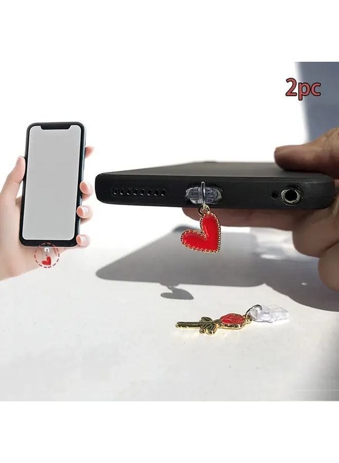 قطعتان سدادة غبار للهاتف على شكل وردة قلب حمراء، لتزيين منفذ شحن آيفون 6 إلى 14 - Image 2