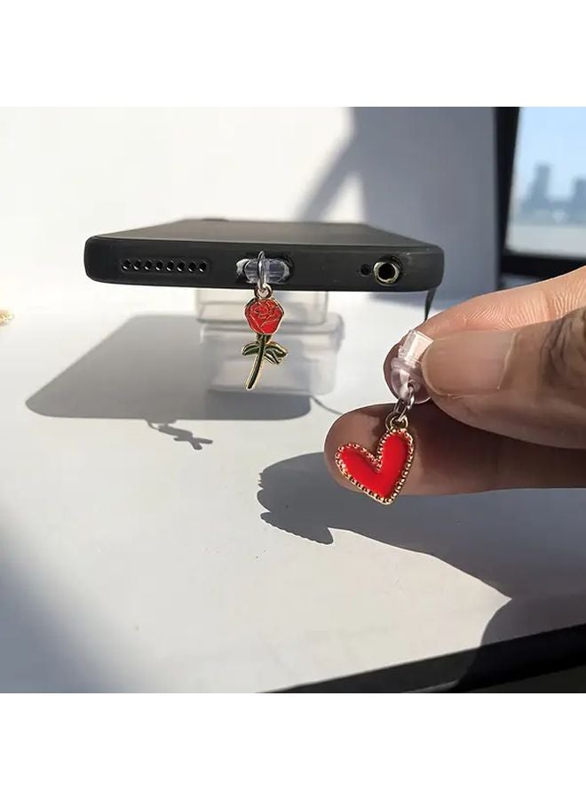 قطعتان سدادة غبار للهاتف على شكل وردة قلب حمراء، لتزيين منفذ شحن آيفون 6 إلى 14 - Image 4